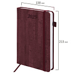 Ежедневник 2025г А5 Brauberg Wood, бордовый, 115831, под кожу, держатель для ручки, резинка-фиксатор