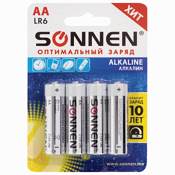 Батарейки AA 4шт SONNEN (LR6, 15А), алкалиновые (пальчиковые) 451085